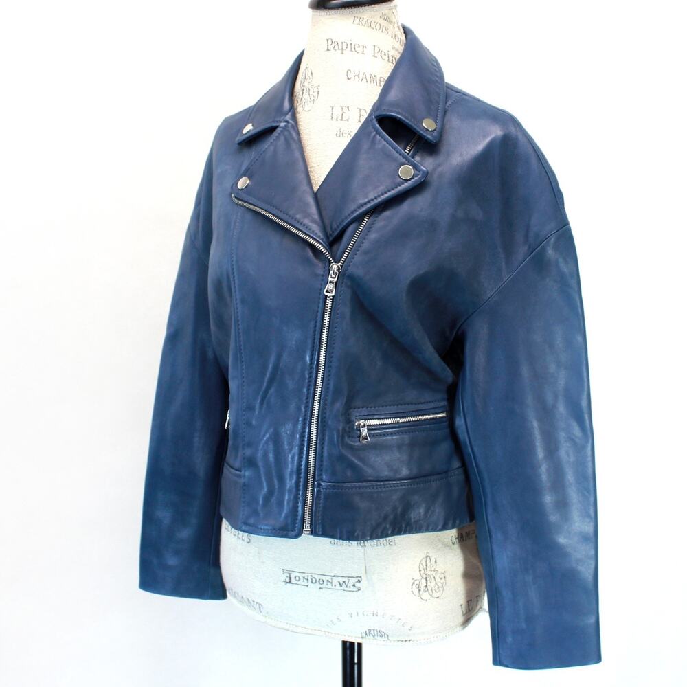 Massimo Dutti Blue Leather Moto Jacket Crop Medium Zip Up Biker Collared
